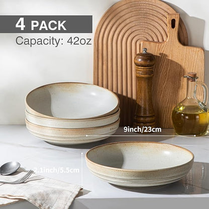 HAPPY KIT 9'' Pasta Bowls, 42oz Pasta Bowls Set of 4, Large Salad Bowl, Ceramic Serving Bowls,Double Reactive Glaze, Ideal for Housewarming, Festivals, Microwave Safe (Ivory)