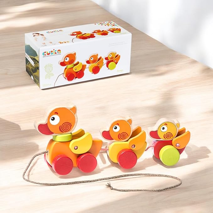 Cubika Wooden Walk Along Ducks – Pull Toys for Toddlers Ages 1-3 – Montessori Inspired, FSC-Certified Wood, German Water-Based Paint – Travel-Friendly Wooden Toy for Boys and Girls