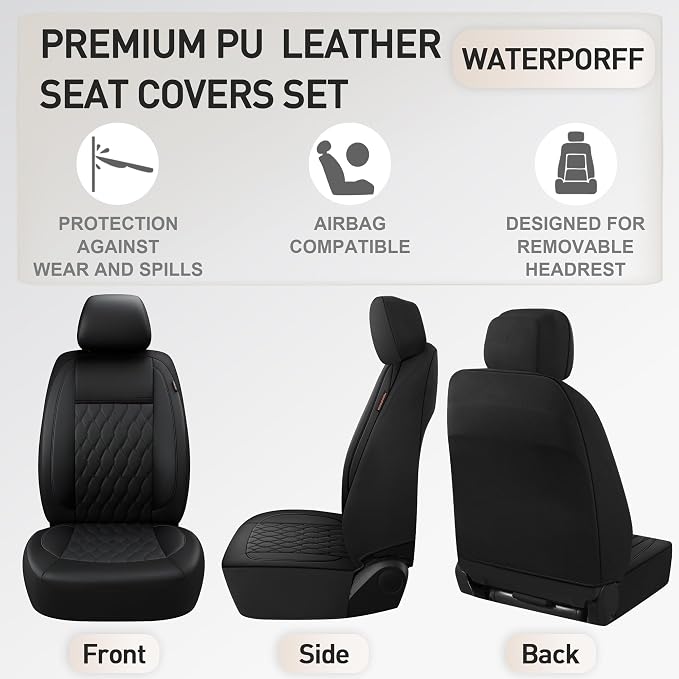 CAROMOP Faux Leather Car Seat Covers 2 Front Set,Luxury and Comfortable Seat Covers for Cars, Airbag Compatible Car Interior Covers, Universal Fit for Suvs,Vans,Trucks(Black)