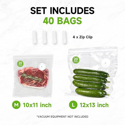 Vacuum Sealer Bags, 40 Reusable Vacuum Sealer Bags for Food Storage, BPA-Free, Meal Prep and Sous Vide Cooking,Works for Handheld Sealer and Vac Sealer Machine with External Vacuum Systems