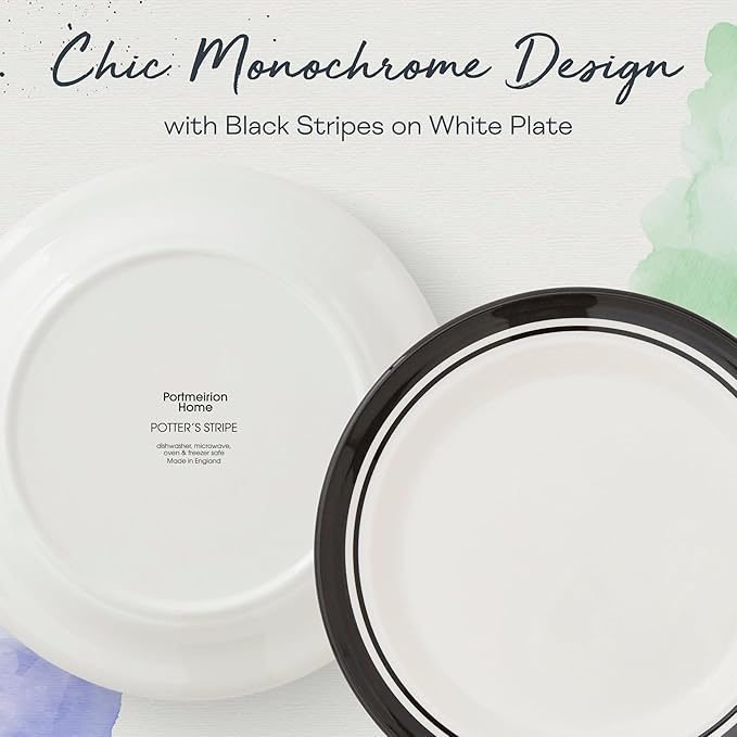 Portmeirion Potter's Stripe 10.5" Dinner Plate (Set of 4) - Handcrafted Earthenware Plates with Accent Rim, Microwave & Dishwasher Safe - Ideal Tableware for Modern & Traditional Dining (Black Stripe)