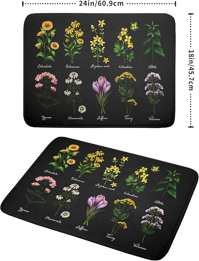 Black Flower Herbs Dish Drying Mat 18x24 Inch Botanical Floral Microfiber
