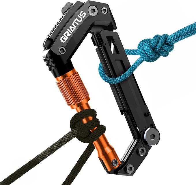 Carabiner Multitool with Pocket Knives, EDC Carabiners, Serrated Knife, Rope Cutter, Screwdriver, Can Bottle Opener, Ruler, Folding Knife for Camping Hiking, Gifts for Men (Orange)