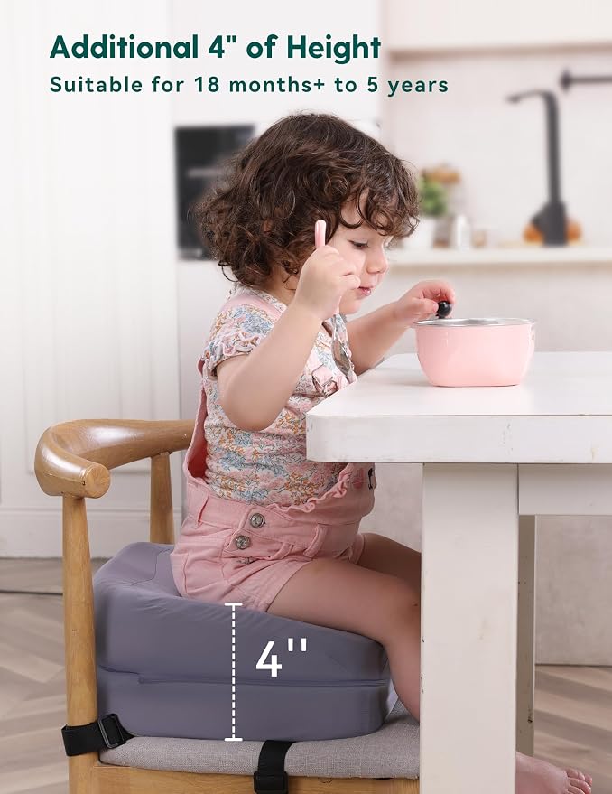 Babelio 2-in-1 Ergo-Designed Booster Seat for Kitchen Chair, Promote Proper Upright Posture, Toddler Booster Seat for Dining Table, Removable & Washable Cover, for 18 Months to 5 Years, Dark Grey