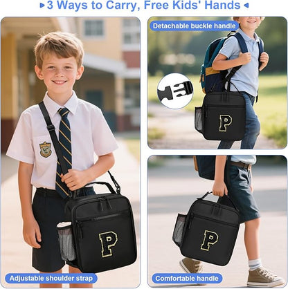 Initial Insulated Lunch Bag for Boys Kids, Back to School Gift, Reusable Leak-proof Lunch Box with Adjustable Strap for School Daycare Travel Picnic（Black，P）