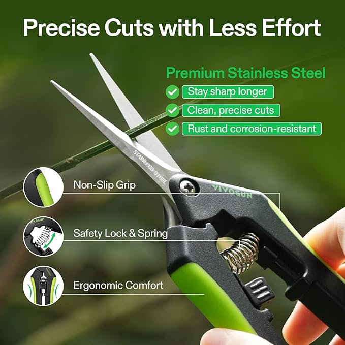 VIVOSUN Gardening Scissors, 6.5 Inch Hand Pruner, Pruning Shear with Straight Stainless Steel Blades, Garden Tools for Women Men, Black and Green