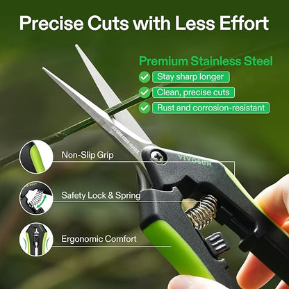 VIVOSUN Gardening Scissors, 6.5 Inch Hand Pruner, Pruning Shear with Straight Stainless Steel Blades, Garden Tools for Women Men, Black and Green