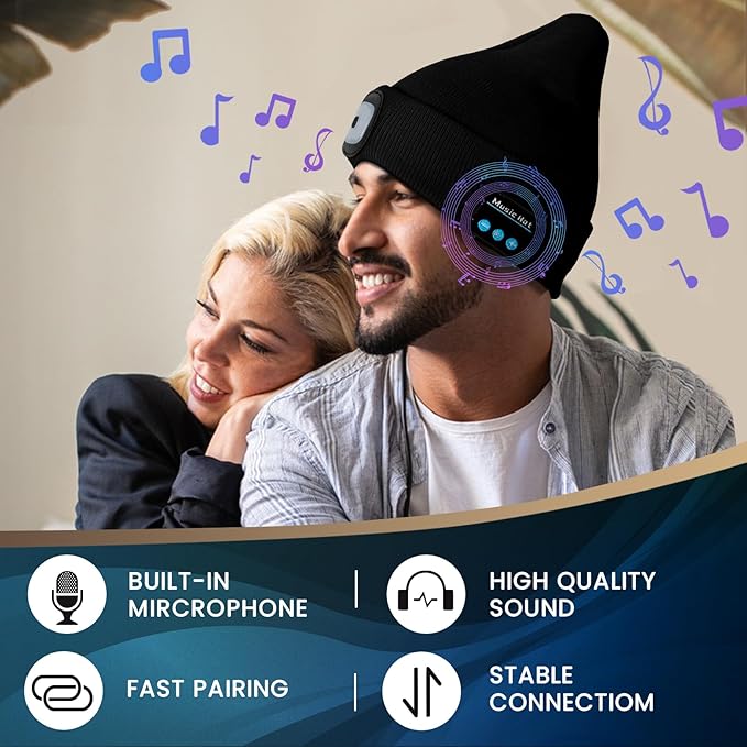 VIBELITE Bluetooth Beanie Hat with Light, USB Rechargeable LED Headlamp with Wireless Headphones, Gifts for Men, Him, Husband, Boyfriend, Dad Gifts for Dad, Husband, Father, Black