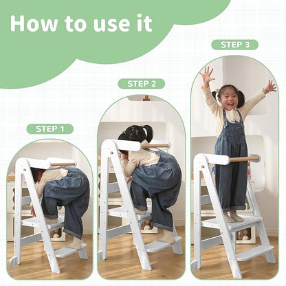 Foldable Toddler Tower 95% Preassembled Kitchen Stool Helper Folding Step Stool for Kids Montessori Toddler Standing Tower with 3 Adjustable Height Helper Tower for Kitchen Counter Sink White