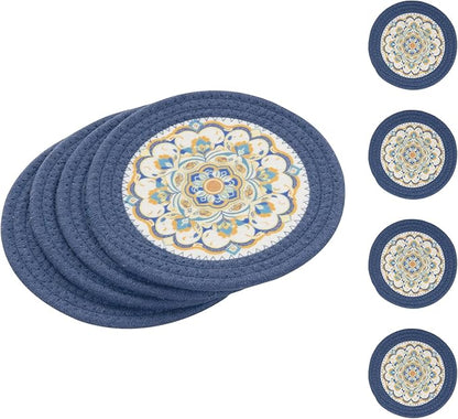 SHACOS 8 Inches Trivets for Hot Dishes, 4 Pieces Cotton and Felt Floral Pattern Trivet Mats for Kitchen, Hot Pads for Countertops and Table, Heat-Resistant Pot Holders for Hot Pots and Pans, Blue