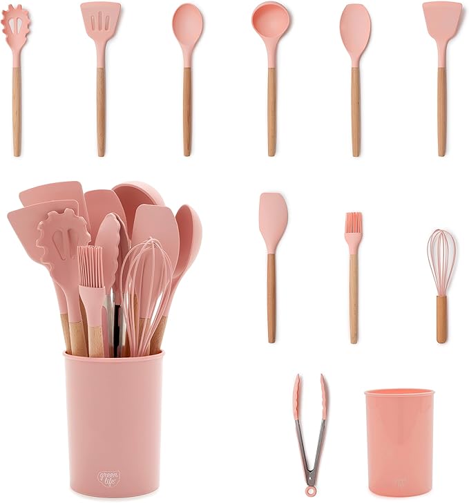 GreenLife 11 Piece Silicone Utensil Crock Set, Nonstick Kitchen Tools, Slotted
