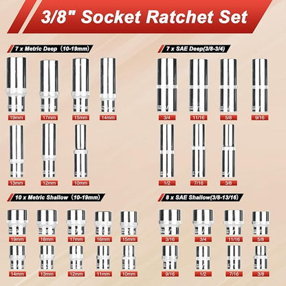 117 Pieces 1/4 and 3/8 inch Drive Socket Ratchet Wrench Set, Metric/SAE Size