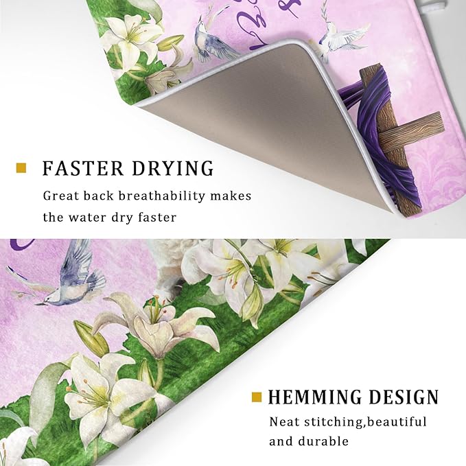 Giwawa Easter Purple Dish Drying Mat, He is Risen Cross Lamb Floral Dish