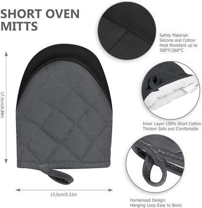 Short Oven Mitts, Heat Resistant 500°F, Silicone Grip Kitchen Gloves, Non-Slip