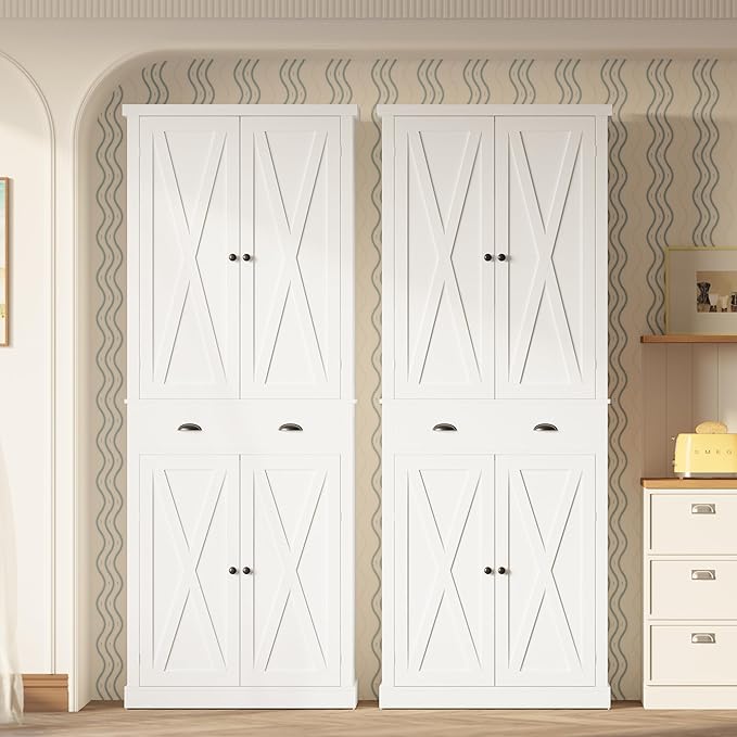 IRONCK Kitchen Pantry Storage Cabinet 83.9" H, with Barn Doors, Drawer, 4 Adjustable Shelves, Freestanding Cupboard for Dining Room Living Room, Laundry, White