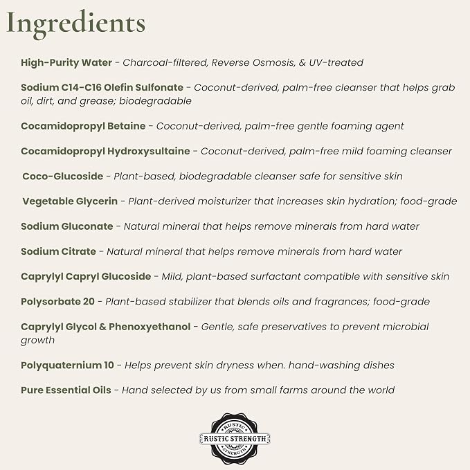 Rustic Strength Dish Soap, Bergamot & Grapefruit Scent, Gallon Plastic | Plant-Derived Cleansers,Helps Remove Grease and Food Residue,Rich Lather