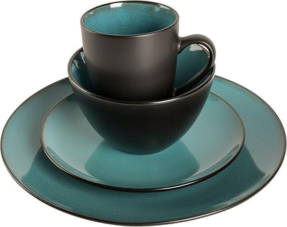 Gibson Elite Soho Lounge 16-Piece Round Reactive Glaze Stoneware Dinnerware Set, Service for 4 – Teal Plates and Bowls