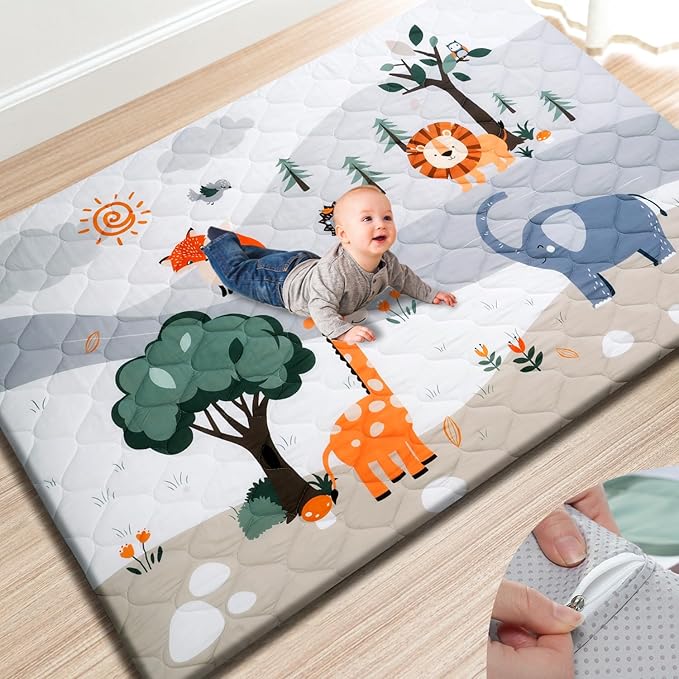 Premium Foam Baby Play Mat 74" x 50" – Removable & Machine Washable Cover, Extra Thick Padding Playpen Mat, Non-Slip Crawling Mat, Easy to Clean for Infants, Toddlers & Babies