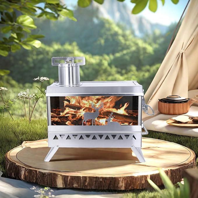 Outdoor Camping Tent Stove Portable Stainless Steel with Chimney Barbecue Net for Outdoor Cooking BBQ Heating & Fishing(Large)