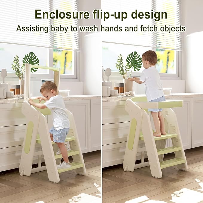 Toddler Tower Kitchen Stool Helper,Foldable/Adjustable Height Kids StandingTower Stool W/CPC Certification,for Kitchen Counter Bathroom Sink Cooking Child Ladder for Toddlers W/Safty Rail(Khaki Grey)