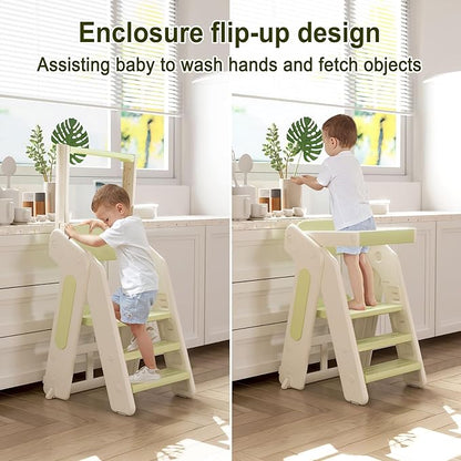 Toddler Tower Kitchen Stool Helper,Foldable/Adjustable Height Kids StandingTower Stool W/CPC Certification,for Kitchen Counter Bathroom Sink Cooking Child Ladder for Toddlers W/Safty Rail(Khaki Grey)