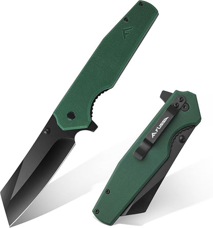 FLISSA Folding Knife, 4-3/4" Reverse Tanto Folding Pocket Knife, Black Stonewash Blade, G10 Handle, for Hunting, Survival, Camping and Outdoor Activities, Great Gifts for Dad, Husband, Friend