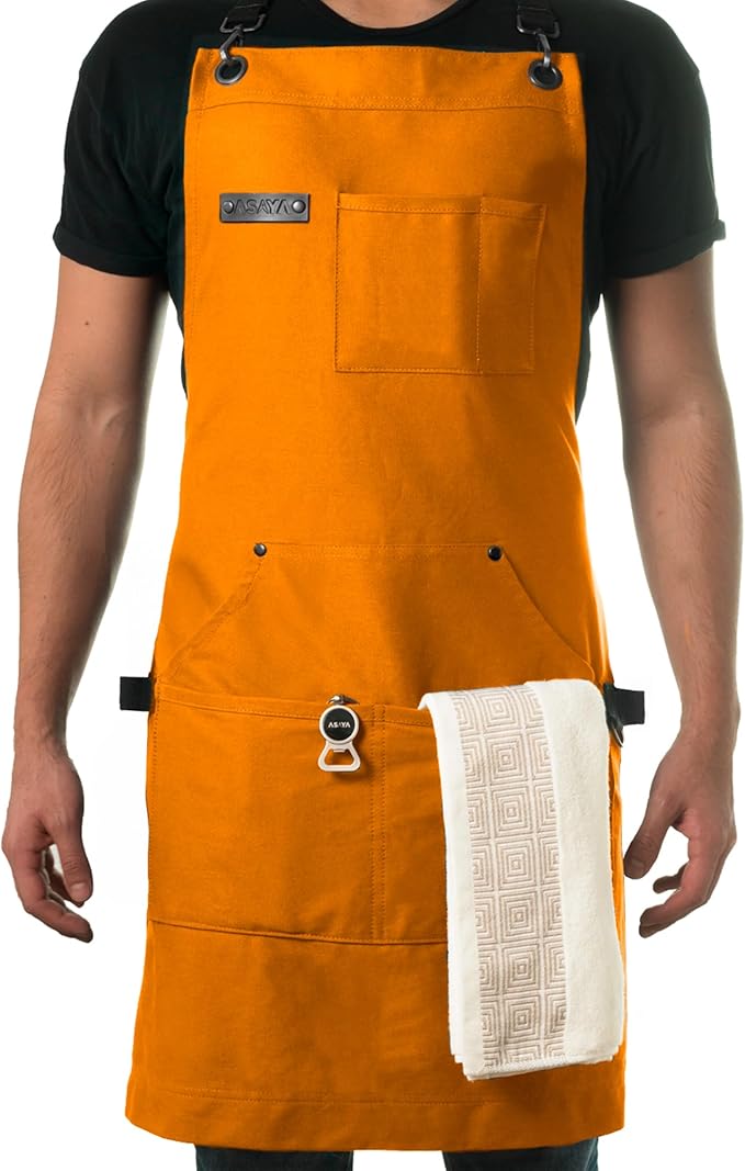 Asaya Chef and BBQ Apron with Bottle Opener and Hand Towel - 10oz Cotton Canvas