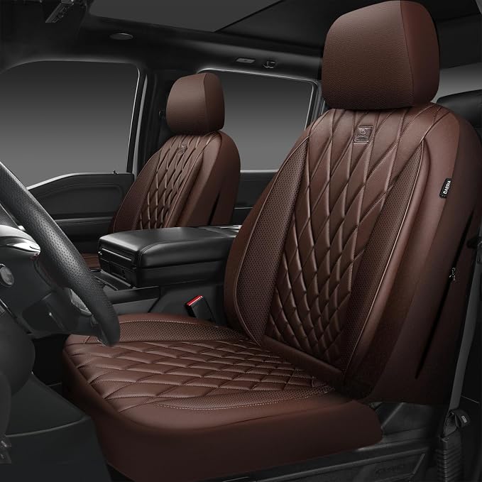 CAR PASS Piping Luxury Faux PU Leather Two Front Car Seat Covers, Waterproof Anti Slip Seat Covers Compatible with Front Seat Armrests,Universal Fit for Suvs,Vans,Trucks,Airbag Compatible, All Brown