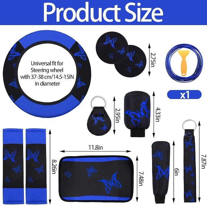 BBTO 43 Pcs Butterfly Car Seat Full Set Butterfly Car Accessories for Women 5 Front Rear Seat Covers Wrist Strap 2 Pcs Cup Mat Armrest Pad 2 Belt Xmas Cover Accessories for SUV(Blue, Black)