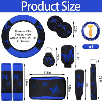 BBTO 43 Pcs Butterfly Car Seat Full Set Butterfly Car Accessories for Women 5 Front Rear Seat Covers Wrist Strap 2 Pcs Cup Mat Armrest Pad 2 Belt Xmas Cover Accessories for SUV(Blue, Black)