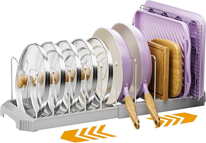 MUDEELA Pot Lid Organizer Rack for Cabinet, Expandable Pots and Pans Organizer