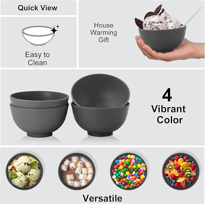 Wrova wheat straw small bowls 10oz set of 8 - Unbreakable Dessert Bowls for kids - Mini Bowl Sets for Ice Cream,Snack and Fruits - Microwave & Dishwasher Safe Appetizer Bowls (Deep Grey)
