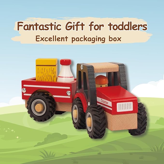 Wooden Tractor Toys for Toddlers 1-3, Baby Vehicle Toys Hand Push Car Toys for 1 2 3 Year Old Boys Girls (Red)