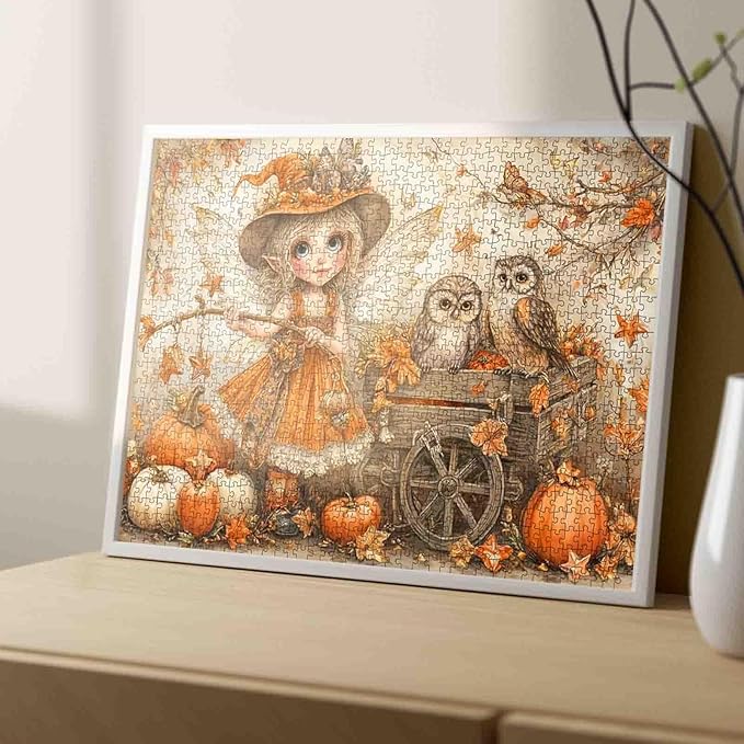 Autumn Fairy 1000 Piece Jigsaw Puzzle for Adults Pumpkins and Owls Whimsical Fall Forest Puzzles Fantasy Woodland Puzzle for Family Games Cozy Halloween Challenging Aesthetic Puzzle Gift Home Decor
