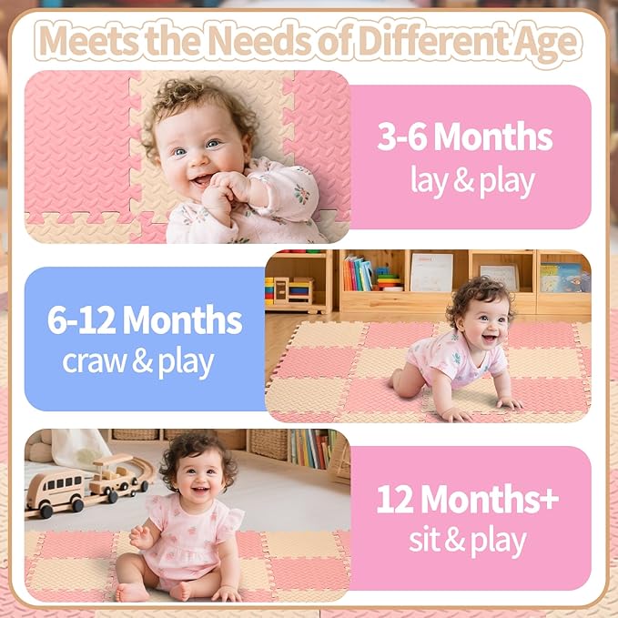 36 Tiles Foam Play Mat for Baby, 0.4 Inch Thick Foam Interlocking Floor Mats, Soft Non-Toxic Baby Playmat, Solid Colored Puzzle Play Mat Kids Floor Mats for Toddler(Beige/Loli Pink)