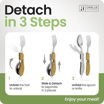 Orblue 4-in-1 Camping Eating Utensils, 2-Pack - Portable Spoon, Fork, Knife & Bottle Opener Combo Set - Stainless Steel Flatware with Detachable Fork - Travel, Backpacking Cutlery Multitool, Yellow