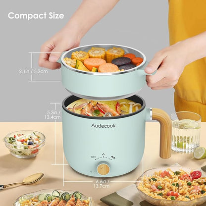 Audecook Hot Pot Electric with Steamer, 1.5L Portable Nonstick Mini Multicooker