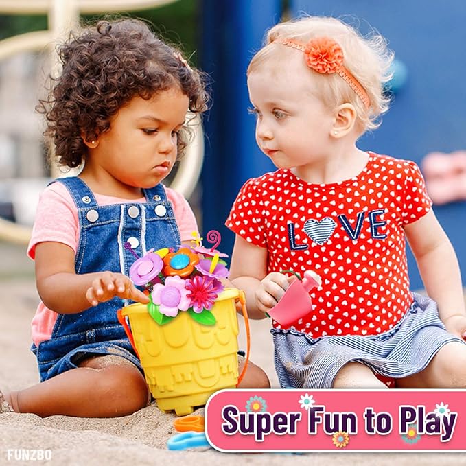 FUNZBO Flower Garden Building Toys Set - Birthday Gifts for Age 2 3 4 5 6 Years Old Girl, STEM Montessori Educational Toy for Toddler Kid, Sorting & Stacking Spring Gardening Set for Birathday Gift