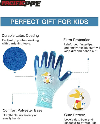 PACIFIC 3 Pairs Kids Gardening Gloves for Age 3-6, Toddler Rubber Coated Garden Gloves, Kids Work Gloves, for Children, Boys and Girls, Multicolor, XXXS
