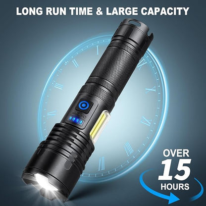 Cinlinso Rechargeable LED Flashlights High Lumens 2 Pack, 90000 Lumen Super Bright Flashlight, 7 Modes with COB Work Light, IPX7 Waterproof Powerful Flash Light for Home, Camping, Emergencies
