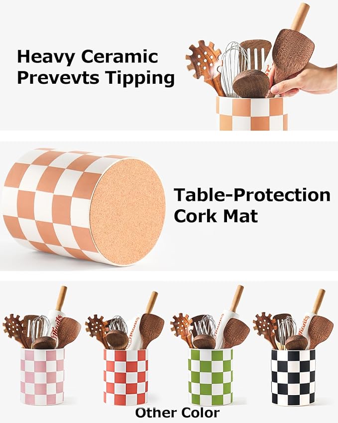 Utensil Holder，7.2 Inch Checkered Utensil Holder, Ceramic Cooking Utensil