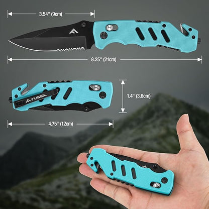 FLISSA Folding Pocket Knife with Clip, Glass Breaker and Seatbelt Cutter, Survival Knife for Emergency Rescue Situations, EDC Knife for Tactical, Hunting, Camping, Outdoor, Unique Gifts for Dad, Father-Blue