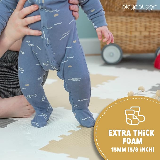 Play Platoon Non-Toxic Extra-Thick 96 Piece Triangle Play Mat - Comfortable 6x6ft Cushiony Foam Floor Puzzle Exercise Mat for Kids & Toddlers - Sand, Gray & Cream