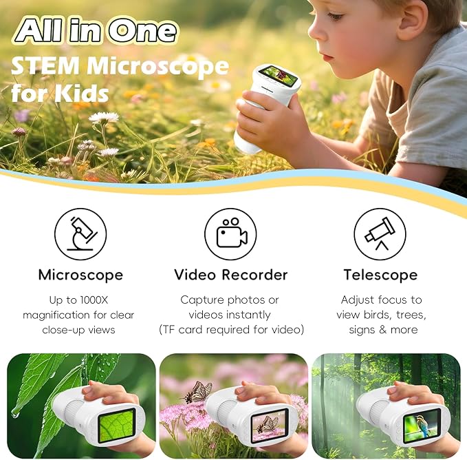 Kids Microscope Handheld - Digital 1000X Zoom Mini Pocket Microscope, HD Photo & Video Recording with 8GB TF Card, Educational Toys for Boys Girls 3 4 5 6 7 8+ Years, STEM Birthday Gifts