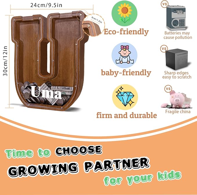 Personalized Wooden Letter Piggy Bank for Kids Larger Letter Piggy Bank for Boys and Girls Initial Coin Bank Customized Piggy Bank Perfect Wood Kids Money Bank for Birthday and Festival