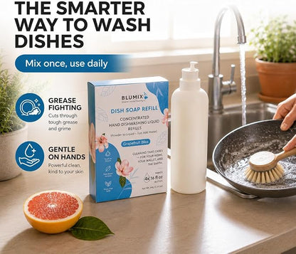 Dish Soap Refill Powder-to-Liquid Concentrate, Just Add Cool Water, Grapefruit Scent, 4 Packets Make 4 x 16 fl oz Bottles, Grease-Fighting, Plastic-Free (Grapefruit Scent)