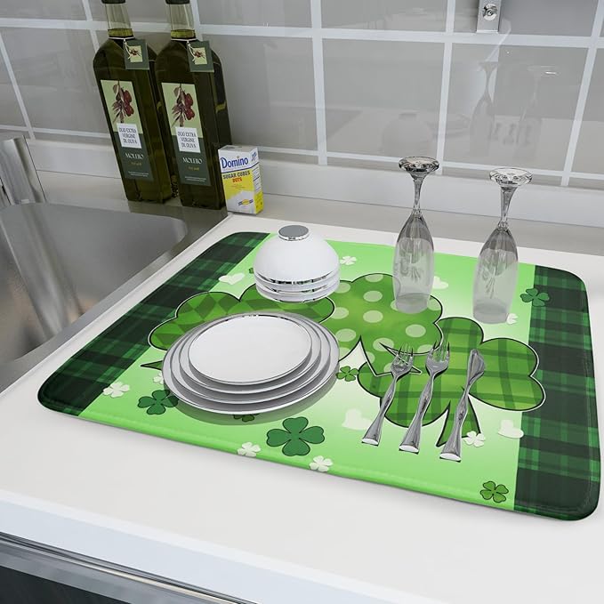 St Patricks Day Shamrocks Lucky Clovers Dish Drying Mat