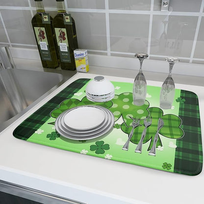 St Patricks Day Shamrocks Lucky Clovers Dish Drying Mat