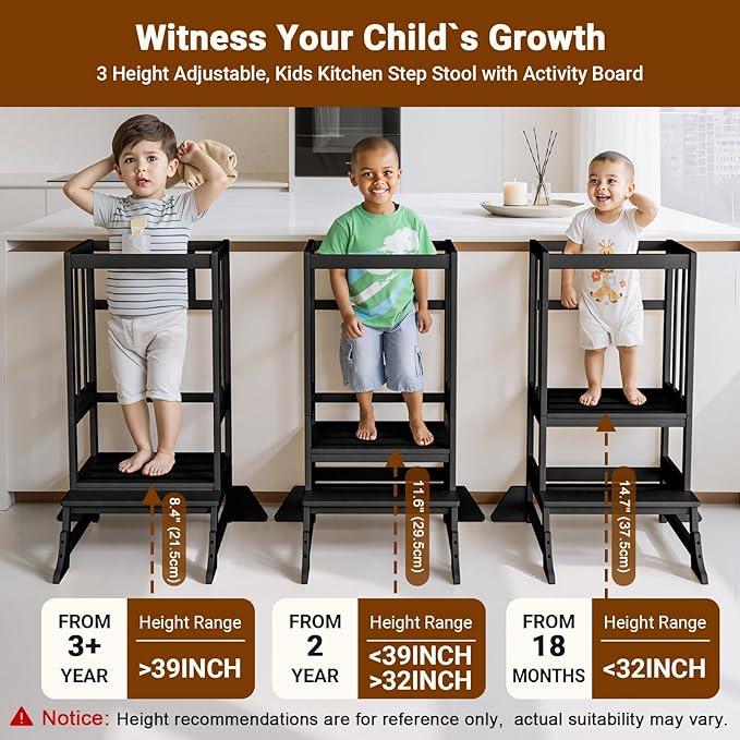 COSYLAND Kitchen Tower for Toddlers with Anti-Tip Support – Lightweight Toddler Kitchen Stool Helper for Bathroom Living Room Dining Room – Solid Bamboo Standing Tower (Black)