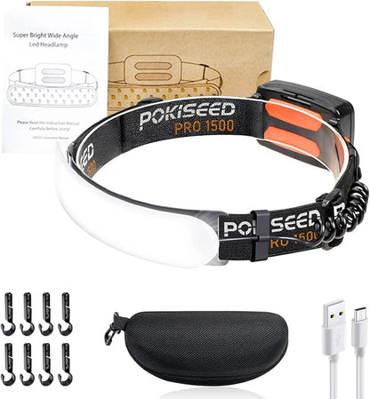 LED Headlamp Rechargeable, Super Bright 1500 Lumens 230° Wide Beam Headlamp, 3 Modes IPX6 Waterproof Lightweight Head Light with Taillight & Clips for Camping, Running,Fishing, Outdoors, Hard Hat Work